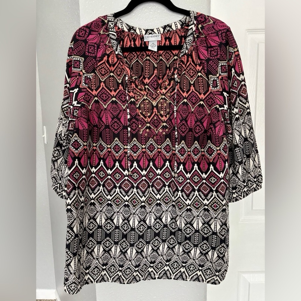 Catherines Pink and Black Geometric Blouse OX 14/16W